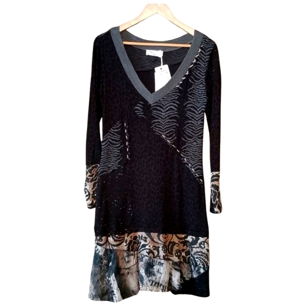 NWT Lisa Campione Black Patchwork Sweater Dress – Mixed Print – Size Medium